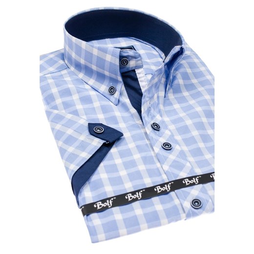 Błękitna koszula męska w kratę z krótkim rękawem Bolf 6514
