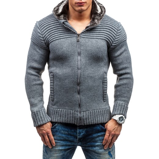 Antracytowy sweter męski rozpinany z kapturem Denley 313