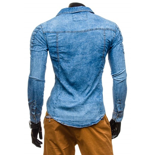Niebieska koszula męska jeansowa we wzory z długim rękawem Denley 4472