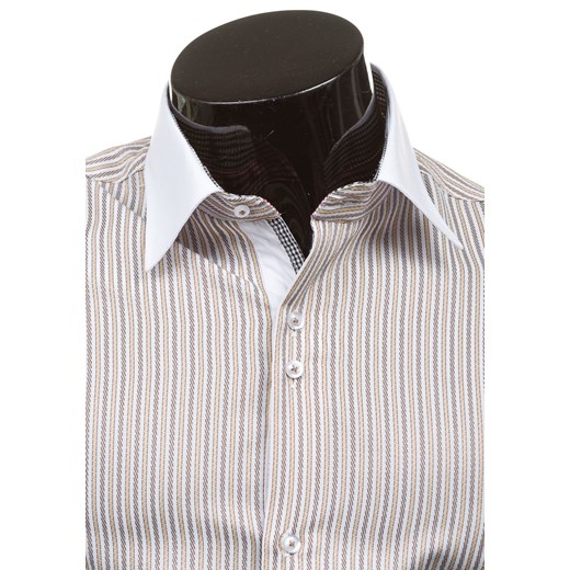 Beżowa koszula męska w paski z krótkim rękawem Denley 6508