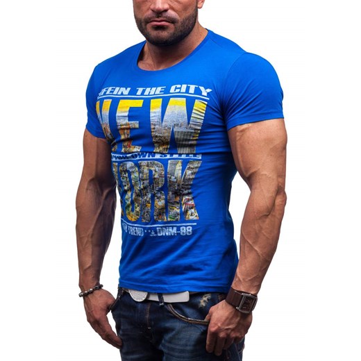 Kobaltowy t-shirt męski z nadrukiem Denley 1306