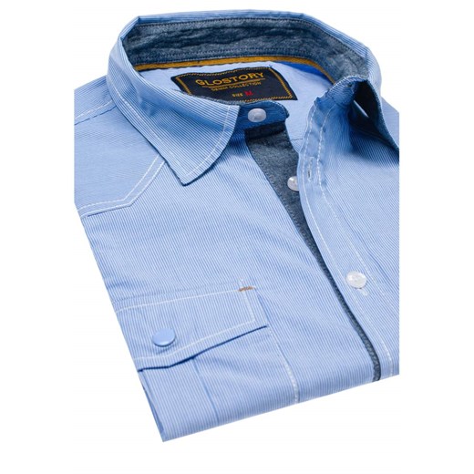 Niebieska koszula męska elegancka w paski z długim rękawem Denley 1135