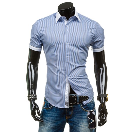 Niebieska koszula męska w paski z krótkim rękawem Denley 6508