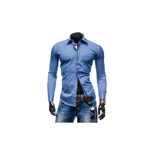 Niebiesko-granatowa koszula męska w kratę z długim rękawem Denley 888