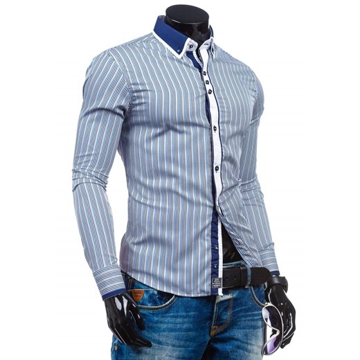 Koszula męska w paski z długim rękawem niebieska Denley 6855