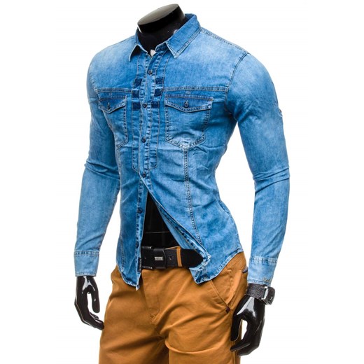 Niebieska koszula męska jeansowa z długim rękawem Denley 4405