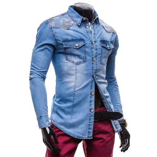 Błękitna koszula męska jeansowa we wzory z długim rękawem Denley 6378