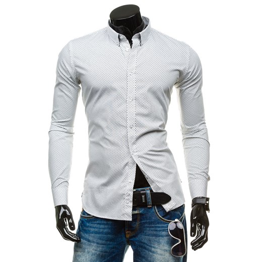 Biała koszula męska elegancka we wzory z długim rękawem Denley 1155