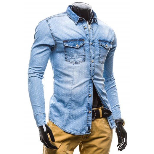 Błękitna koszula męska jeansowa we wzory z długim rękawem Denley 6495