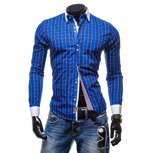 Kobaltowa koszula męska w kratę z długim rękawem Denley 5740