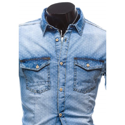 Błękitna koszula męska jeansowa we wzory z długim rękawem Denley 6495