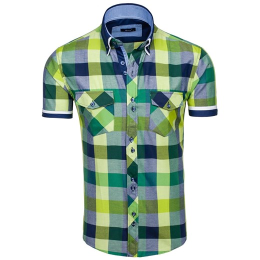 Zielona koszula męska w kratę z krótkim rękawem Bolf 6523