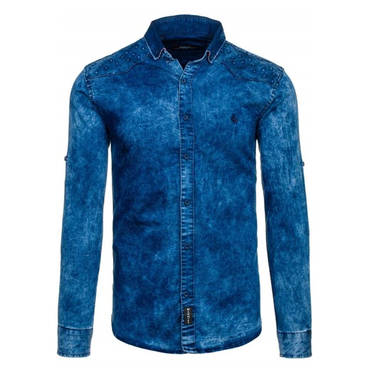 Granatowa koszula męska jeansowa we wzory z długim rękawem Denley 0540