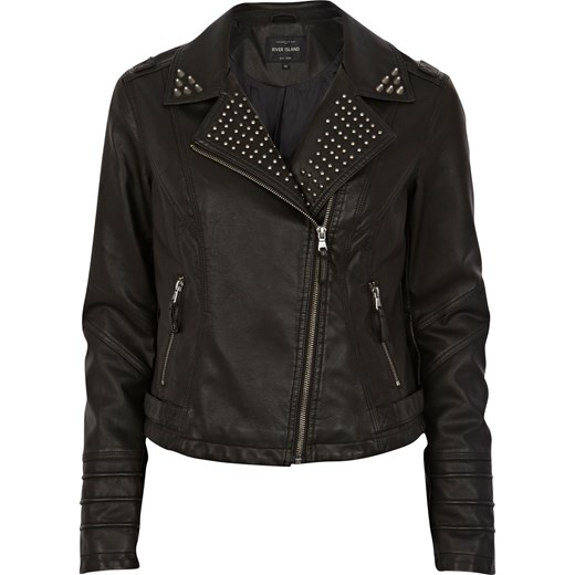 Black leather look stud collar biker jacket