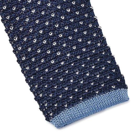 Granatowy jedwabny krawat knit w białe kropki z błękitnym wykończeniem Michaelis szary  EleganckiPan.com.pl