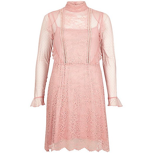 Pink lace frill dress   River Island  