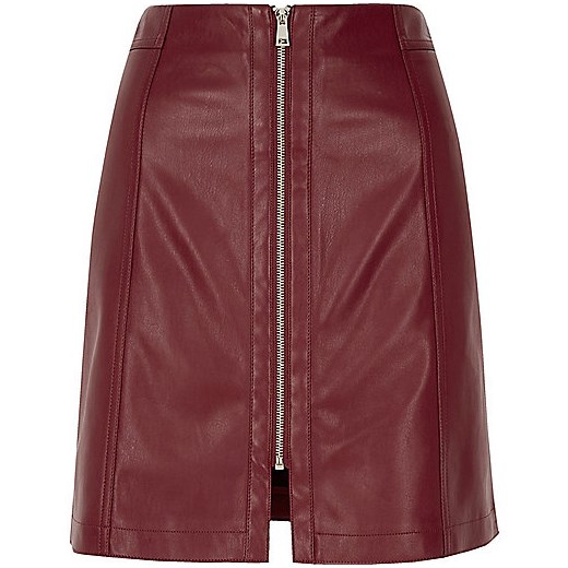Dark red leather look zip mini skirt 