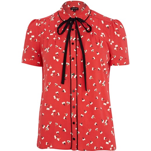 Red ditsy print bow neck blouse