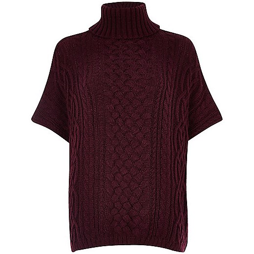 Burgundy cable knit short sleeve poncho 