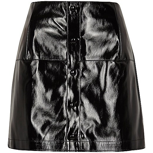 Black patent buttoned mini skirt  River Island   