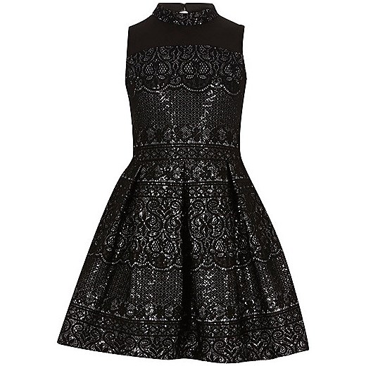 Girls black sparkly lace high neck prom dress  River Island   