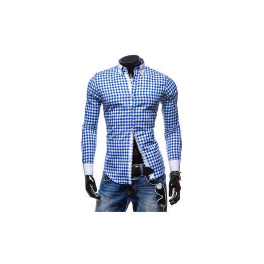 Kobaltowa koszula męska elegancka w kratę z długim rękawem Denley 0754