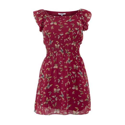 Red Butterfly Print Shirred Dress 