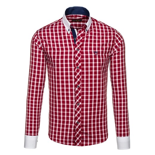 Bordowa koszula męska w kratę z długim rękawem Bolf 5737 Bolf  2XL promocyjna cena Denley.pl 