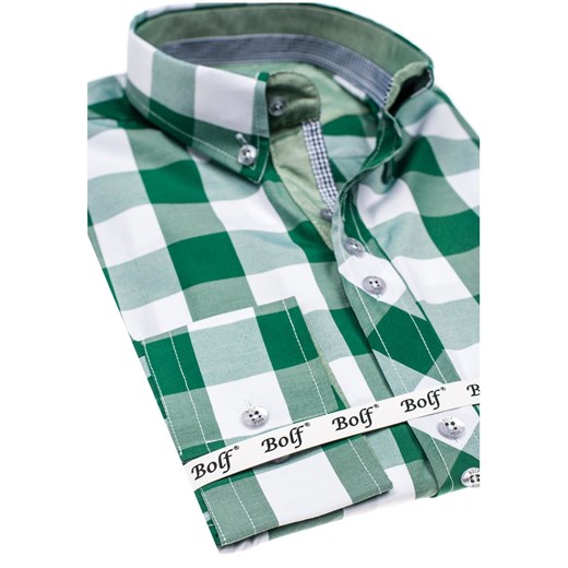 Zielona koszula męska w kratę z długim rękawem Bolf 6888  Bolf XL Denley.pl okazyjna cena 