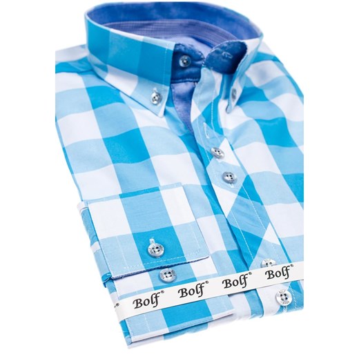 Turkusowa koszula męska w kratę z długim rękawem Bolf 6888 Bolf  XL okazyjna cena Denley.pl 