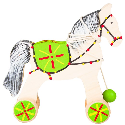 Tradycyjna zabawka ludowa - folk konik eko na kółkach - zielone siodełko