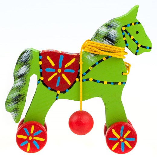 Tradycyjna zabawka ludowa - folk konik na kółkach - zielony z kulką