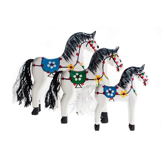 Tradycyjna zabawka ludowa - ręcznie rzeźbiony konik w ludowe wzory - średni - biały