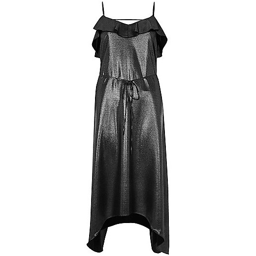 Metallic black frill slip dress   River Island  