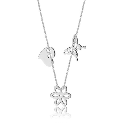 Srebrny naszyjnik z serduszkiem, kwiatkiem i motylkiem