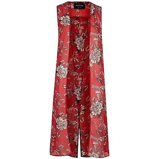 Red floral print sleeveless duster jacket   River Island  