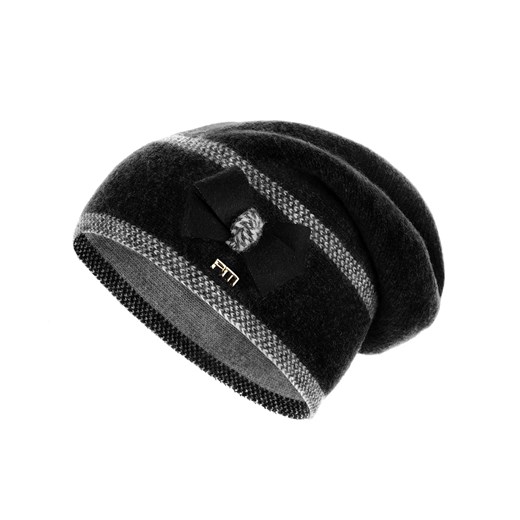 Czarno-beżowa wełniana czapka z kokardką czarny   Primamoda