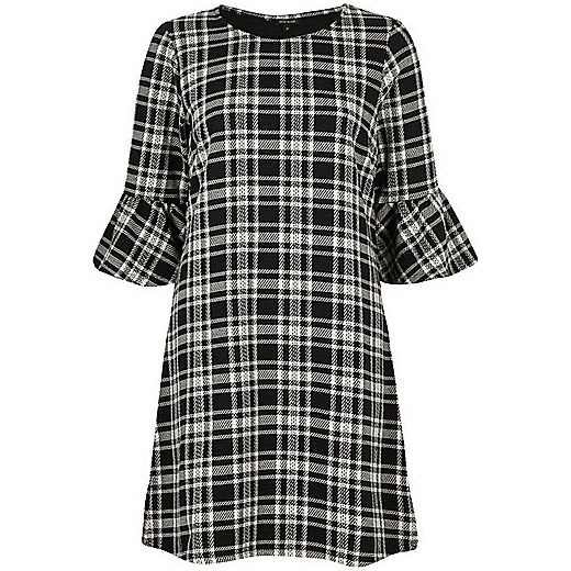 Black and white check flute sleeve dress  szary River Island  