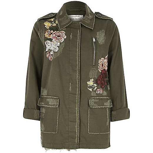 Khaki floral embroidered army jacket  River Island   