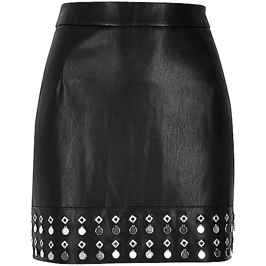 Black embellished hem leather look mini skirt  River Island   