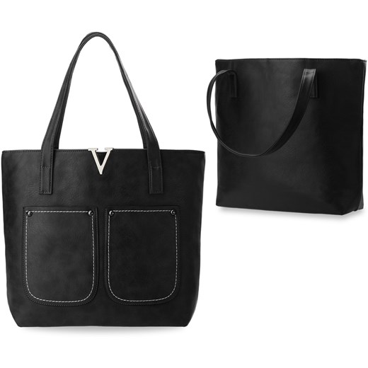 Elegancka torebka damska typu shopper bag kieszonki - czarny