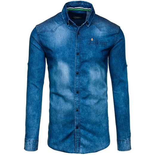 Niebieska koszula męska jeansowa z długim rękawem Denley 0321-1  Denley.pl L okazyjna cena  