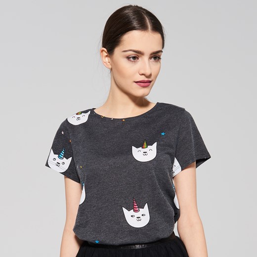 Sinsay - T-shirt z kotami jednorożcami - Szary