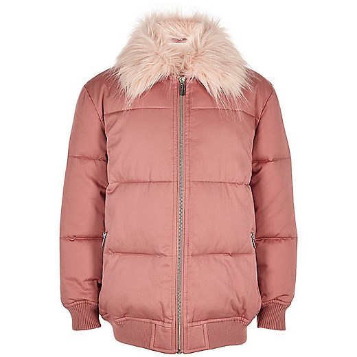 Girls pink puffer coat with faux fur collar 