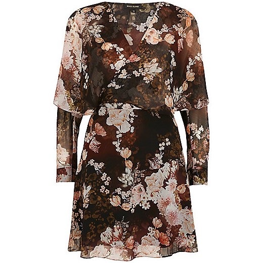 Black floral print wrap front mini dress   River Island  