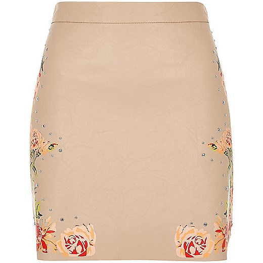 Blush pink faux leather floral mini skirt   River Island  