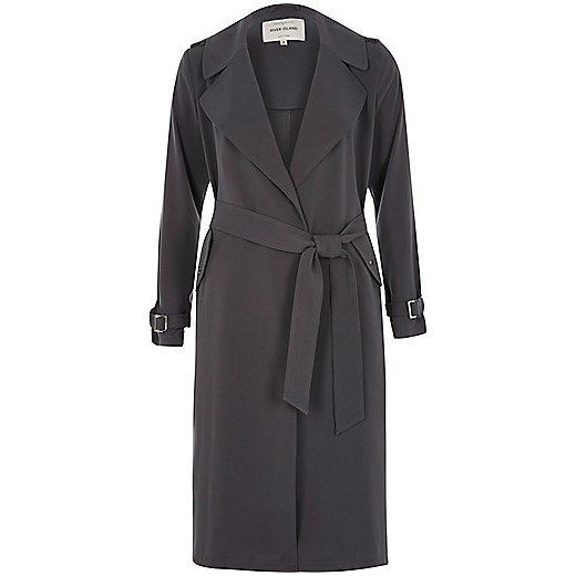 Petite grey belted duster trench coat 
