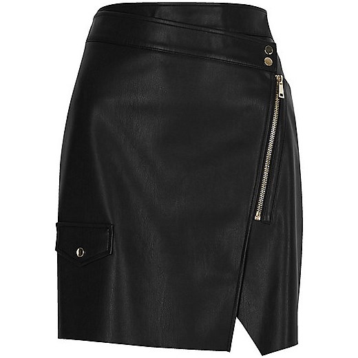 Black leather look wrap mini skirt  River Island   