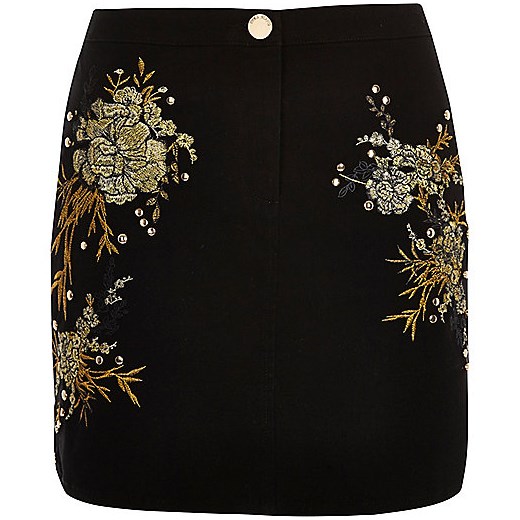 Black embroidered floral stud mini skirt   River Island  
