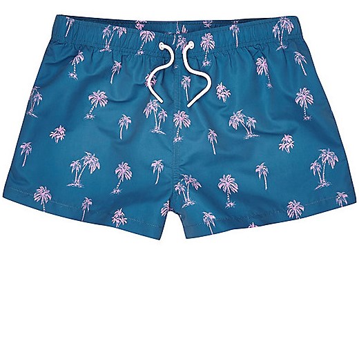 Blue palm print slim fit swim shorts 